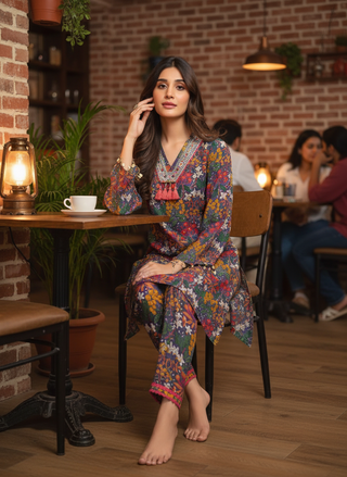 Dharvi Blue Printed Modal Chanderi Co-Ord Set with Mirror Sequin Embroidery and Coin Shell Embellishment