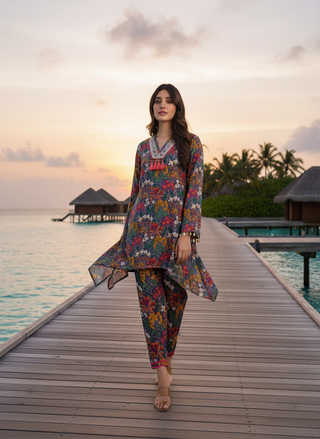 Dharvi Blue Printed Modal Chanderi Co-Ord Set with Mirror Sequin Embroidery and Coin Shell Embellishment