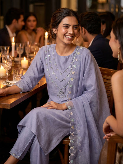 Roshni Purple Hand Embellished Suit Set with Multicolor Bead & Sequin Detailed Neckline in Pure Muslin with Pure Cotton Mul Lining