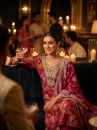 Rashmi Fuchsia Hand Zari and Sequins Embellished Work Suit Set in Chanderi Silk with Pure Cotton Mul Lining