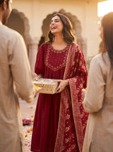 Gayatri Red Hand Thread Embroidered Suit Set with Glass Bugle Beads & Sequin Work with Jacquard Dupatta in Pure Muslin with Pure Cotton Mul Lining