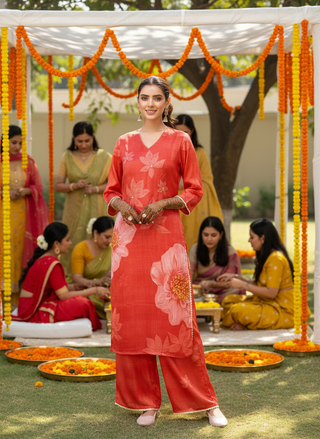 Farida Red Floral Printed Kurta Set with Dupatta featuring Handcrafted Glass Bugle & Pearl Embellished Neckline, Satin Silk with Cotton Mul Lining