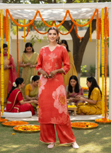 Farida Red Floral Printed Kurta Set with Dupatta featuring Handcrafted Glass Bugle & Pearl Embellished Neckline, Satin Silk with Cotton Mul Lining