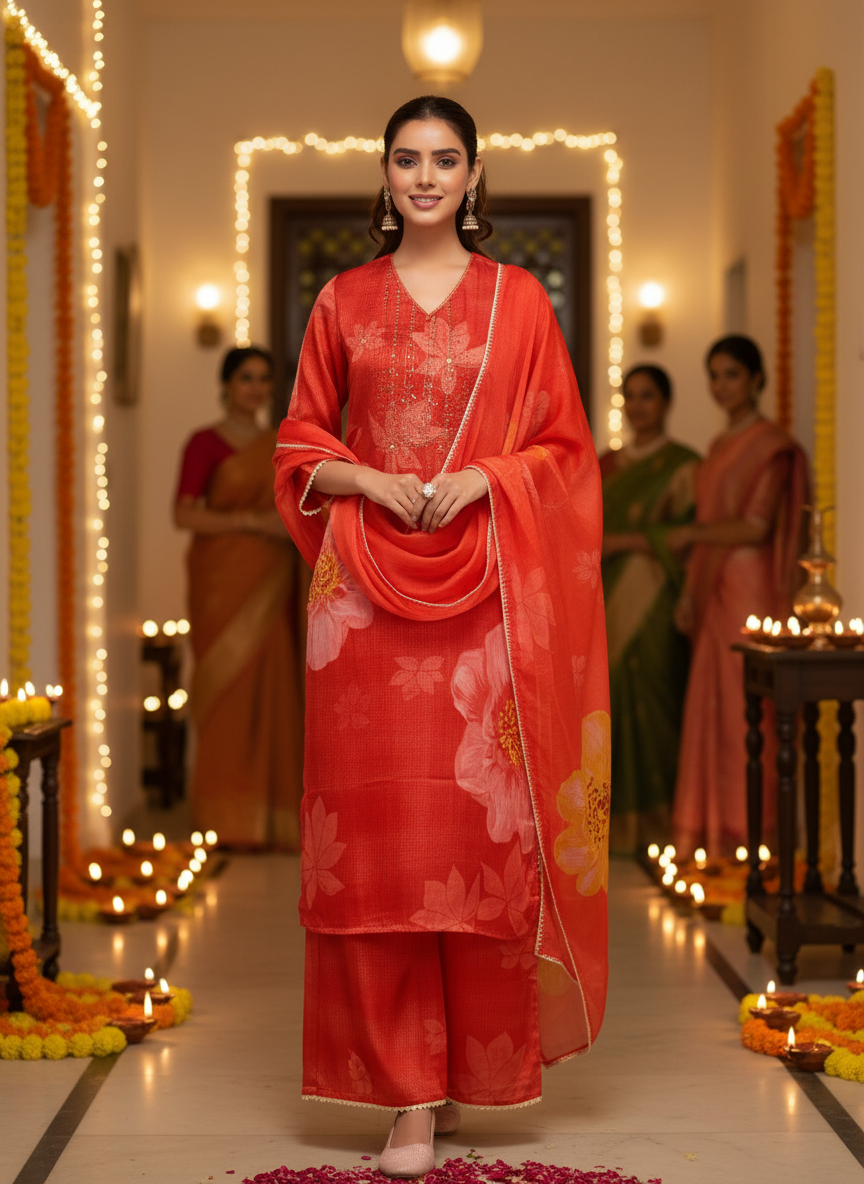 Farida Red Floral Printed Kurta Set with Dupatta featuring Handcrafted Glass Bugle & Pearl Embellished Neckline, Satin Silk with Cotton Mul Lining