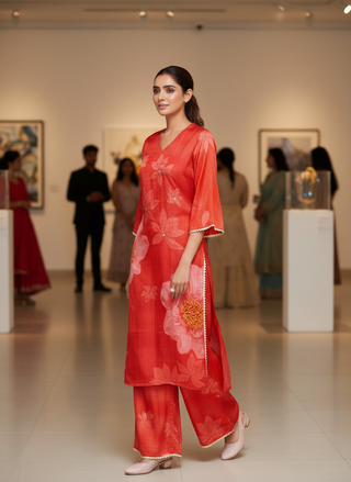 Farida Red Floral Printed Kurta Set with Dupatta featuring Handcrafted Glass Bugle & Pearl Embellished Neckline, Satin Silk with Cotton Mul Lining