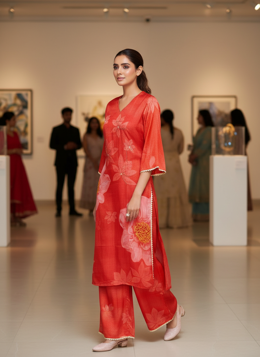 Farida Red Floral Printed Kurta Set with Dupatta featuring Handcrafted Glass Bugle & Pearl Embellished Neckline, Satin Silk with Cotton Mul Lining
