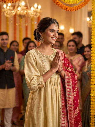 Gayatri Beige Hand Thread Embroidered Suit Set with Glass Bugle Beads & Sequin Work with Jacquard Dupatta in Pure Muslin with Pure Cotton Mul Lining