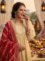 Gayatri Beige Hand Thread Embroidered Suit Set with Glass Bugle Beads & Sequin Work with Jacquard Dupatta in Pure Muslin with Pure Cotton Mul Lining