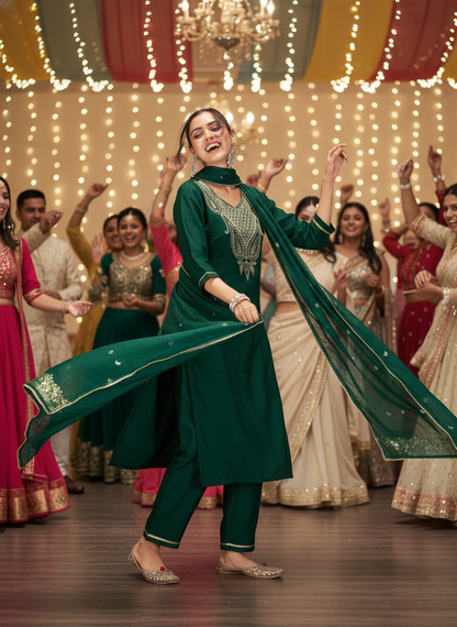 Gita Emerald Green Zari-Resham Embroidered Yoke Chanderi Silk Kurta Set with Lace Border Dupatta & Cotton Mul Lining