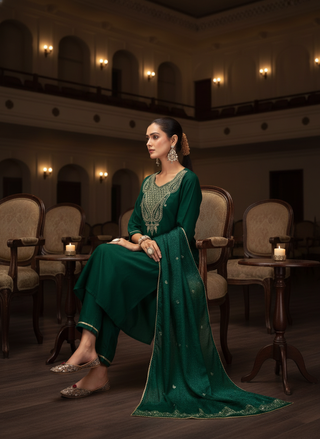 Gita Emerald Green Zari-Resham Embroidered Yoke Chanderi Silk Kurta Set with Lace Border Dupatta & Cotton Mul Lining
