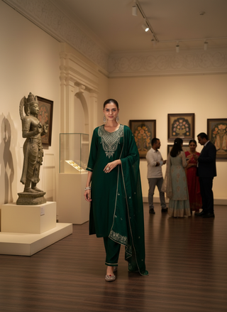 Gita Emerald Green Zari-Resham Embroidered Yoke Chanderi Silk Kurta Set with Lace Border Dupatta & Cotton Mul Lining