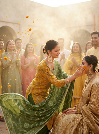 Rashmi Mustard Hand Zari and Sequins Embellished Work Suit Set in Chanderi Silk with Pure Cotton Mul Lining