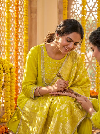 Sehmat Yellow Handcrafted Suit Set with Intricate Glass Bugle & Sequin Neck Detailing and Jacquard Dupatta in Pure Muslin with Pure Cotton Mul Lining