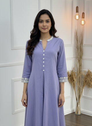 Hazel Purple Pure Cotton Kurta Set with Delicate White Floral Embroidered Neck and Sleeve
