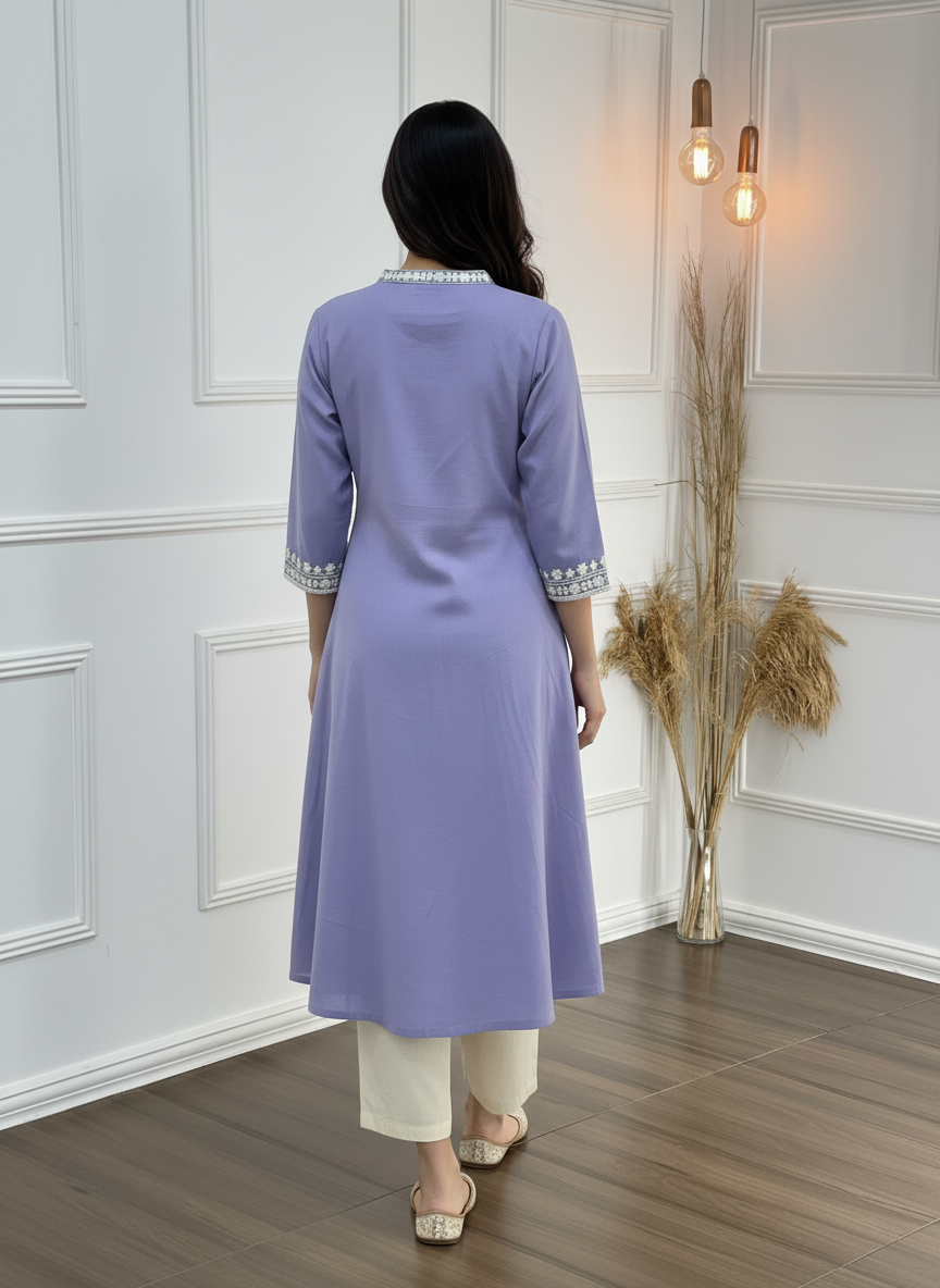 Hazel Purple Pure Cotton Kurta Set with Delicate White Floral Embroidered Neck and Sleeve