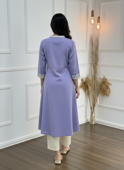Hazel Purple Pure Cotton Kurta Set with Delicate White Floral Embroidered Neck and Sleeve