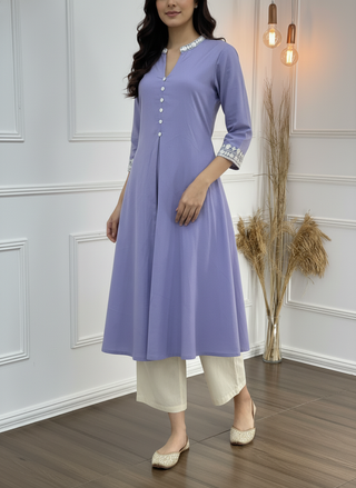 Hazel Purple Pure Cotton Kurta Set with Delicate White Floral Embroidered Neck and Sleeve