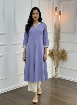 Hazel Purple Pure Cotton Kurta Set with Delicate White Floral Embroidered Neck and Sleeve