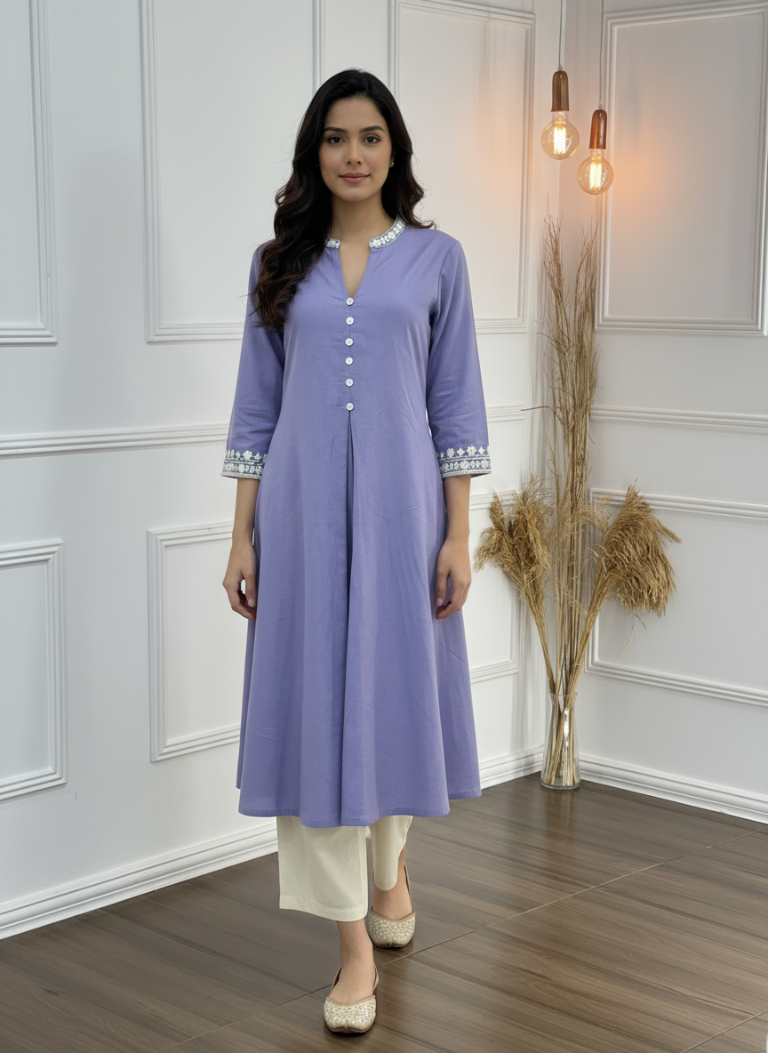 Hazel Purple Pure Cotton Kurta Set with Delicate White Floral Embroidered Neck and Sleeve