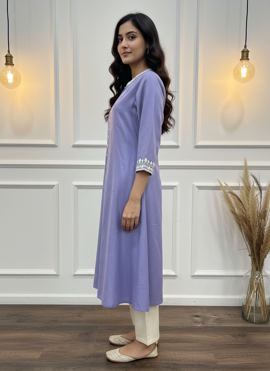 Hazel Purple Pure Cotton Kurta Set with Delicate White Floral Embroidered Neck and Sleeve