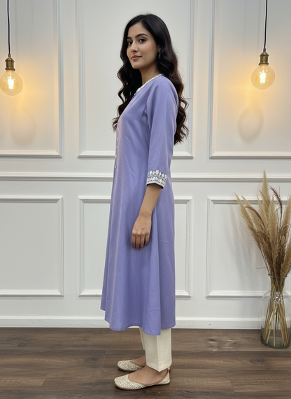 Hazel Purple Pure Cotton Kurta Set with Delicate White Floral Embroidered Neck and Sleeve