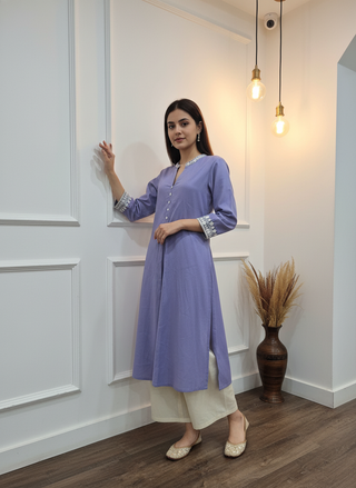 Hazel Purple Pure Cotton Kurta Set with Delicate White Floral Embroidered Neck and Sleeve