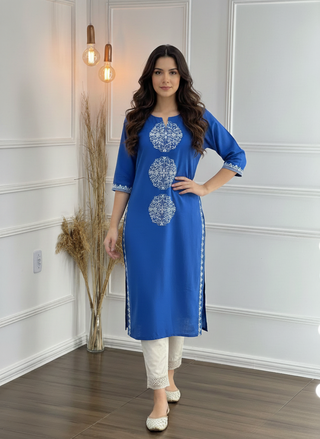 Hazel Blue Pure Cotton Kurta Set with White Floral Medallion Thread Embroidery