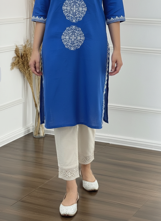 Hazel Blue Pure Cotton Kurta Set with White Floral Medallion Thread Embroidery