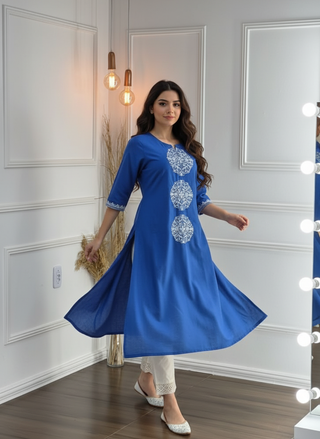 Hazel Blue Pure Cotton Kurta Set with White Floral Medallion Thread Embroidery