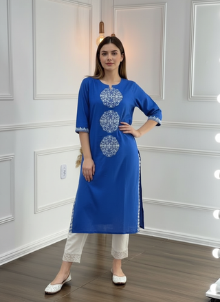 Hazel Blue Pure Cotton Kurta Set with White Floral Medallion Thread Embroidery