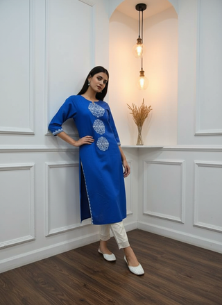 Hazel Blue Pure Cotton Kurta Set with White Floral Medallion Thread Embroidery