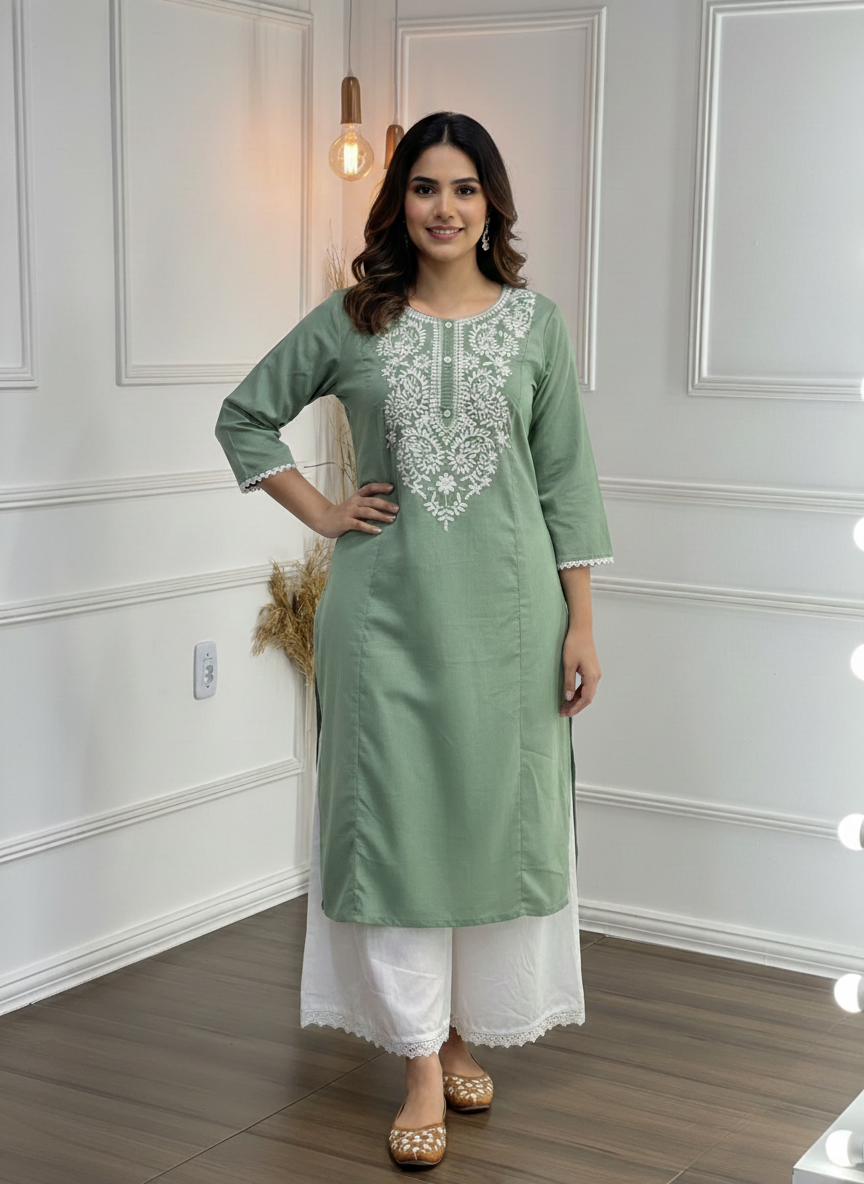Hazel Green Pure Cotton Kurta Set with Chikankari-Inspired White Thread Embroidery