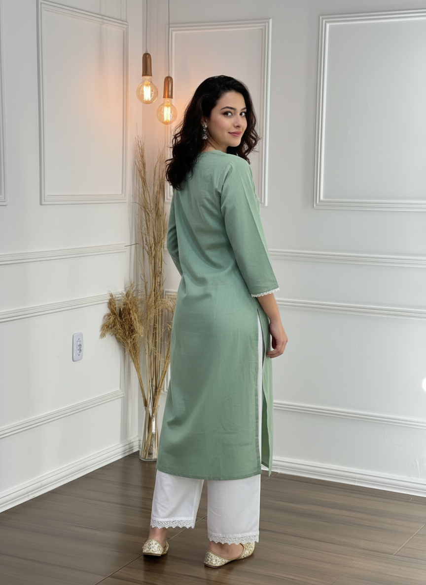 Hazel Green Pure Cotton Kurta Set with Chikankari-Inspired White Thread Embroidery