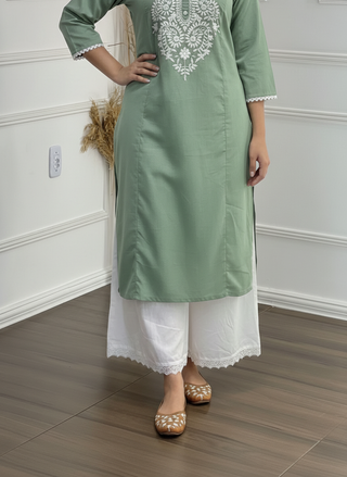 Hazel Green Pure Cotton Kurta Set with Chikankari-Inspired White Thread Embroidery