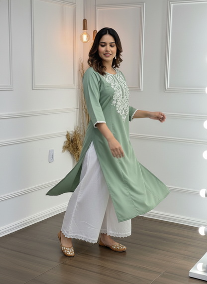 Hazel Green Pure Cotton Kurta Set with Chikankari-Inspired White Thread Embroidery