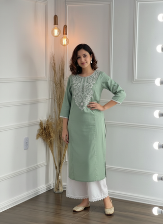 Hazel Green Pure Cotton Kurta Set with Chikankari-Inspired White Thread Embroidery