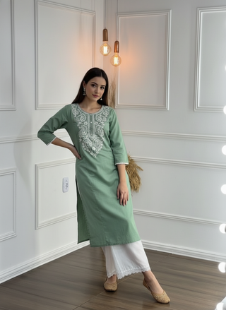 Hazel Green Pure Cotton Kurta Set with Chikankari-Inspired White Thread Embroidery