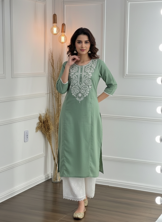 Hazel Green Pure Cotton Kurta Set with Chikankari-Inspired White Thread Embroidery