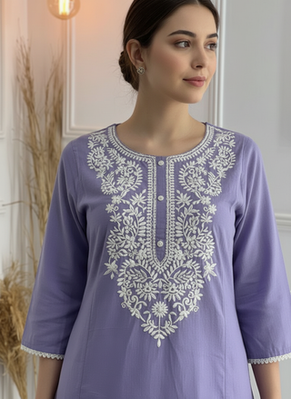 Hazel Purple Pure Cotton Kurta Set with Chikankari-Inspired White Thread Embroidery