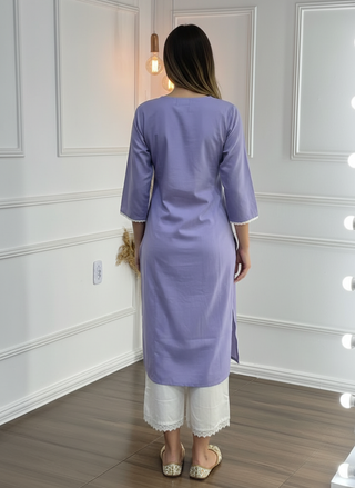 Hazel Purple Pure Cotton Kurta Set with Chikankari-Inspired White Thread Embroidery
