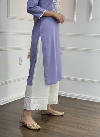 Hazel Purple Pure Cotton Kurta Set with Chikankari-Inspired White Thread Embroidery