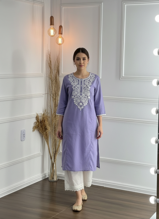 Hazel Purple Pure Cotton Kurta Set with Chikankari-Inspired White Thread Embroidery