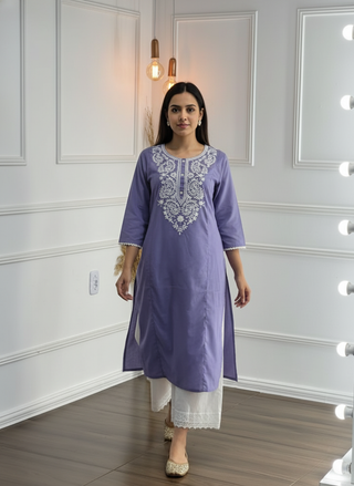 Hazel Purple Pure Cotton Kurta Set with Chikankari-Inspired White Thread Embroidery