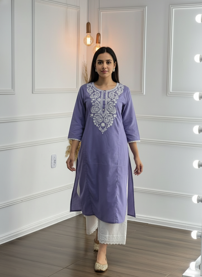 Hazel Purple Pure Cotton Kurta Set with Chikankari-Inspired White Thread Embroidery