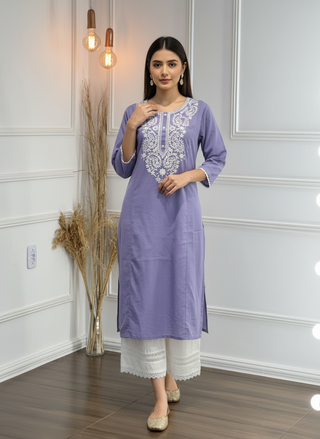 Hazel Purple Pure Cotton Kurta Set with Chikankari-Inspired White Thread Embroidery