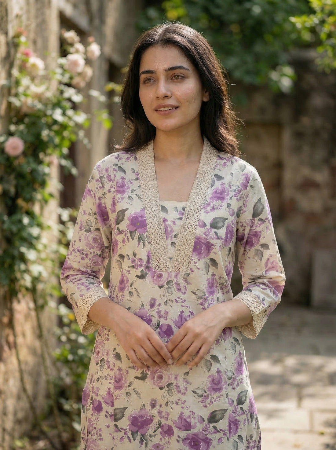 Pure Cotton Hazel Purple Floral Printed Kurta Set with Crochet Lace Detailing