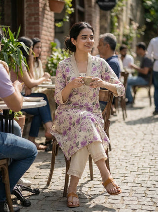 Pure Cotton Hazel Purple Floral Printed Kurta Set with Crochet Lace Detailing
