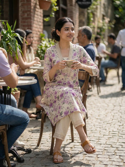 Pure Cotton Hazel Purple Floral Printed Kurta Set with Crochet Lace Detailing
