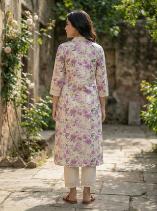 Pure Cotton Hazel Purple Floral Printed Kurta Set with Crochet Lace Detailing