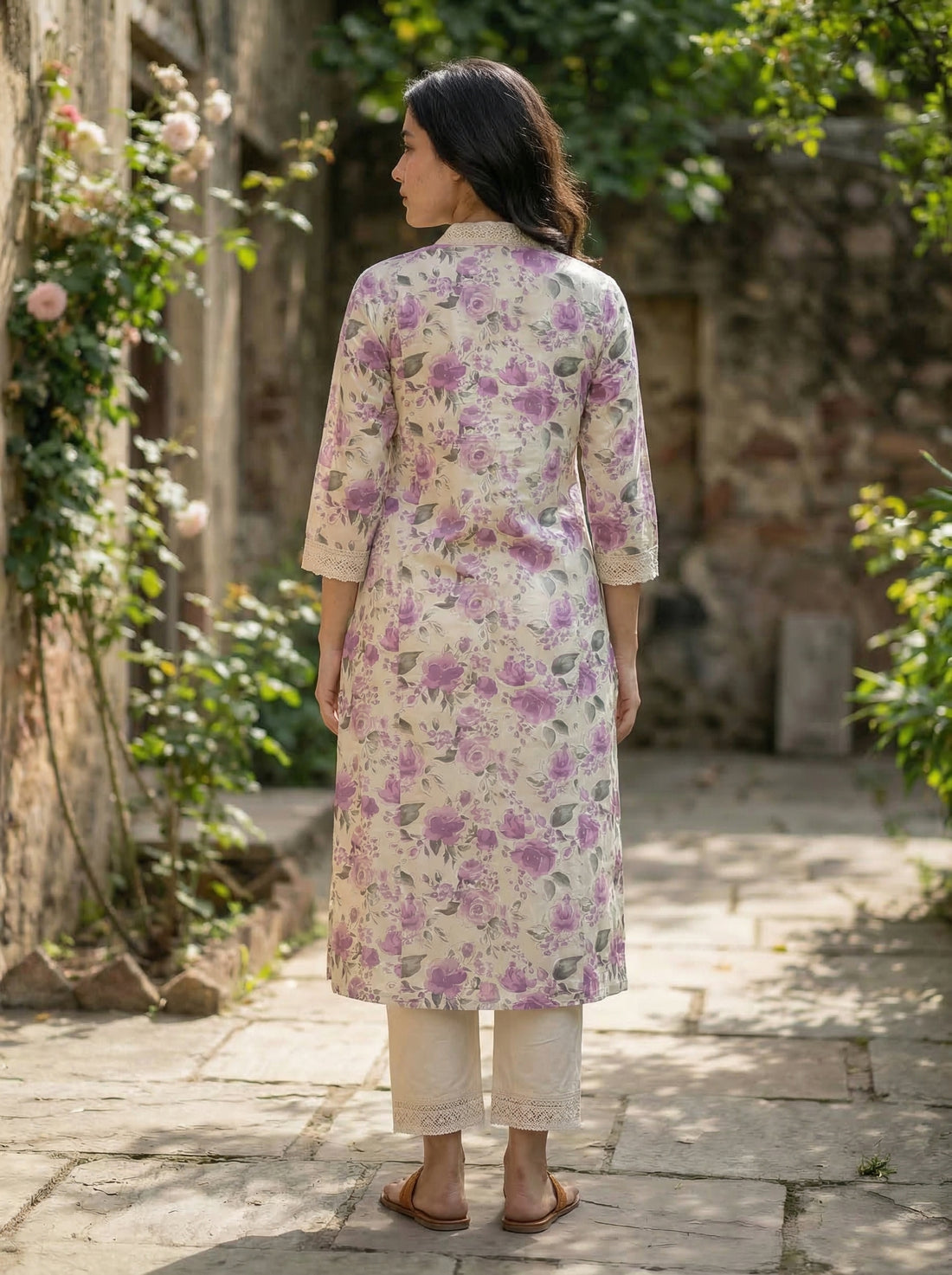 Pure Cotton Hazel Purple Floral Printed Kurta Set with Crochet Lace Detailing